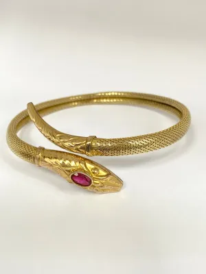 Incredible Art Deco, Extendable Snake Bangle with Ruby Paste, Hallmarked for Rolled Gold.