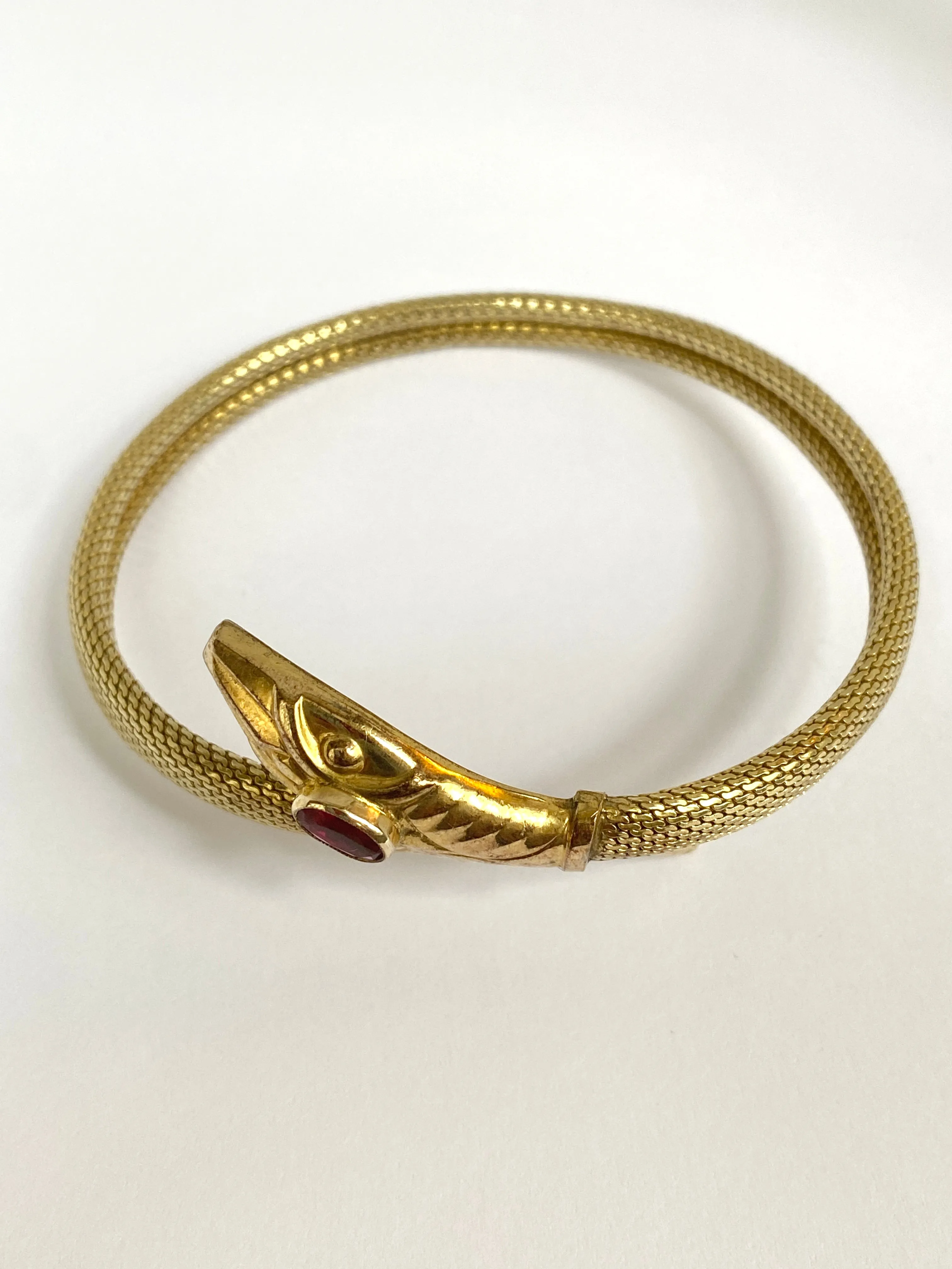 Incredible Art Deco, Extendable Snake Bangle with Ruby Paste, Hallmarked for Rolled Gold.