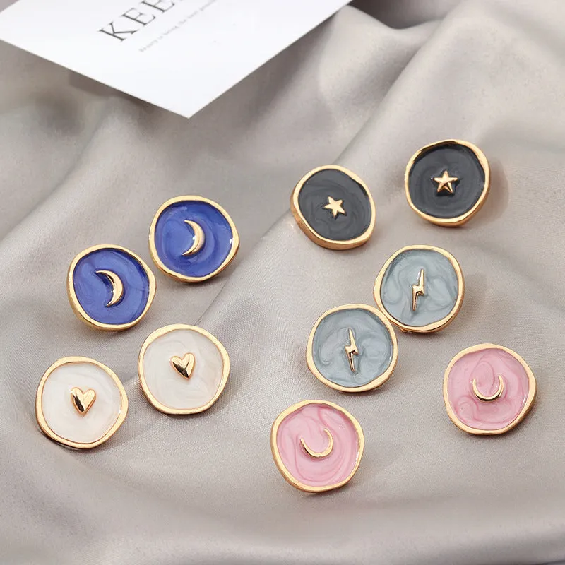 Irregular Enamel Star Moon Round Stud Earrings for Women Girls