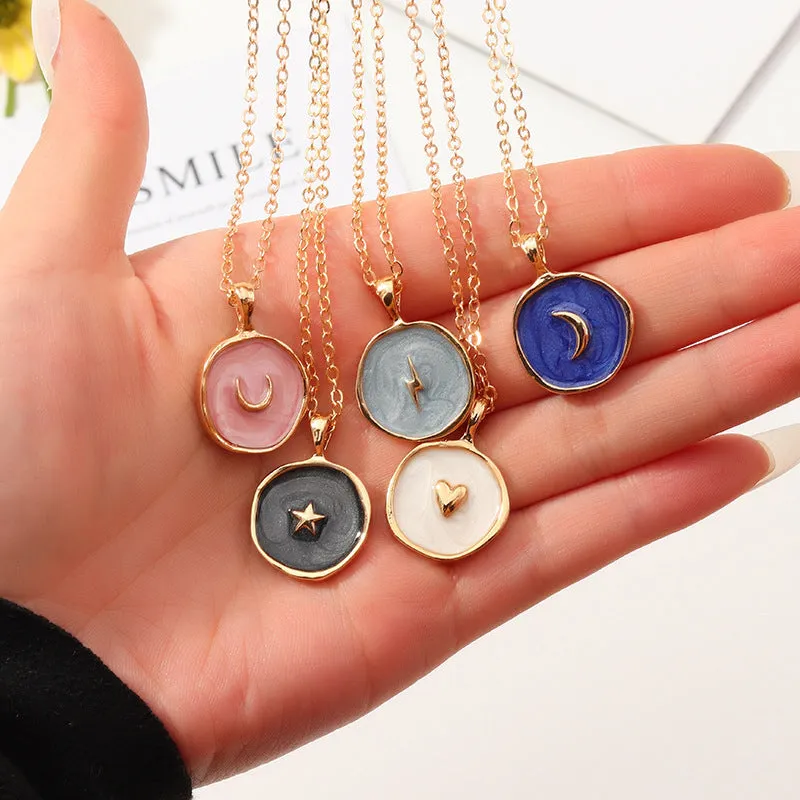 Irregular Enamel Star Moon Round Stud Earrings for Women Girls