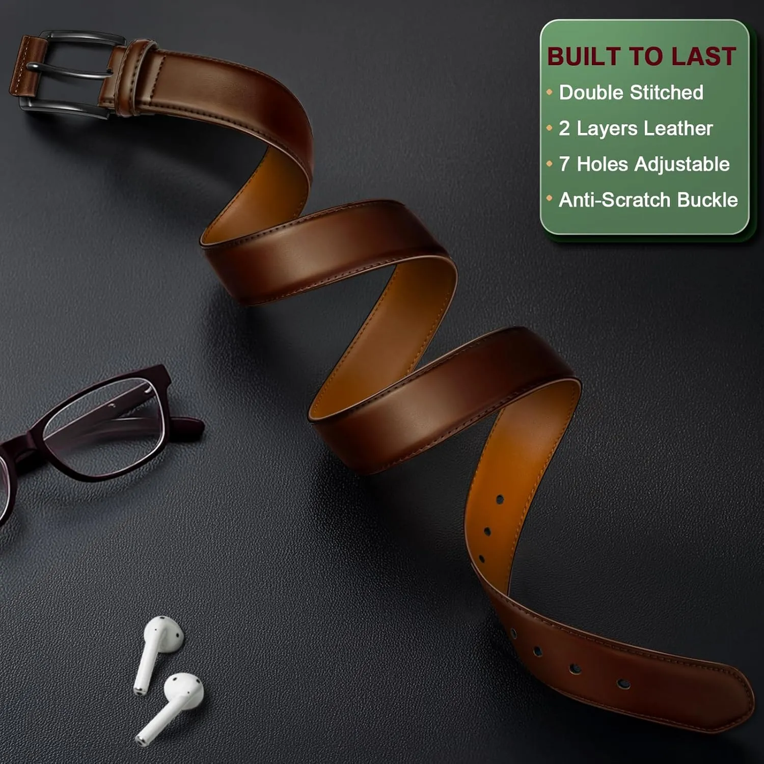 KEMISANT Men Belt 2Pack  Genuine Leather Belt for Men Dress Casual Golf Jeans 1 3/8"