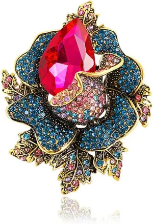 Large Rhinestone Crystal Flower Brooch Pin Vintage Rose Blossom Brooch Rose Red/Blue/Green/Yellow//Red Crystal Broochs Big Large Flower Broochs Lapel Pins Bridal Dress Pin Clothes Bag Hat Jewelry for Women