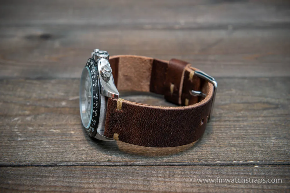 Leather watch strap, Horween Derby Nut Brown.  Handmade in Finland. 16-26 mm.