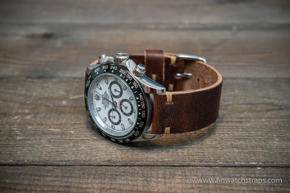 Leather watch strap, Horween Derby Nut Brown.  Handmade in Finland. 16-26 mm.