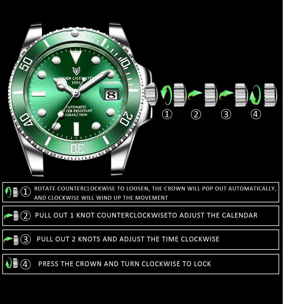 Mens Automatic Mechanical Clock Fashion Sport Diving Watch 100ATM Waterproof Luminous Watches