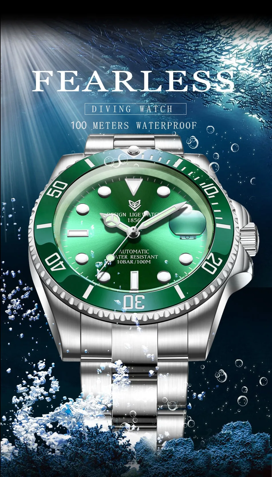 Mens Automatic Mechanical Clock Fashion Sport Diving Watch 100ATM Waterproof Luminous Watches