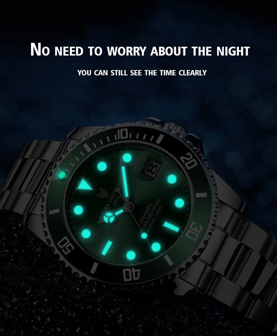 Mens Automatic Mechanical Clock Fashion Sport Diving Watch 100ATM Waterproof Luminous Watches