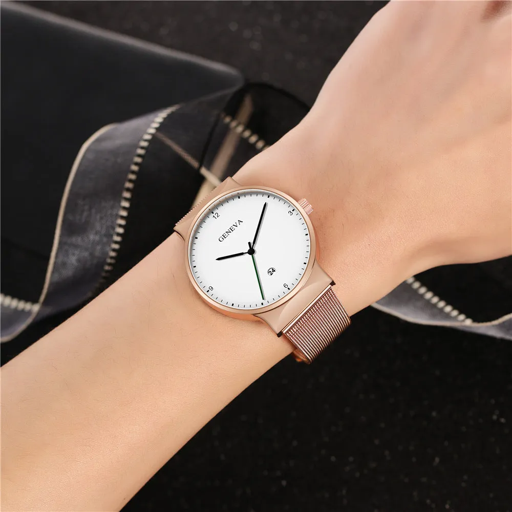 Men's Large Watch Head Fashion Simple Alloy Mesh Calendar Watch