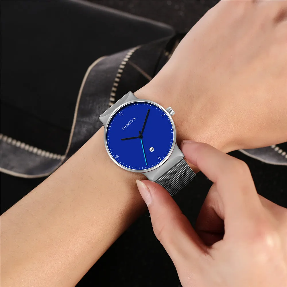 Men's Large Watch Head Fashion Simple Alloy Mesh Calendar Watch
