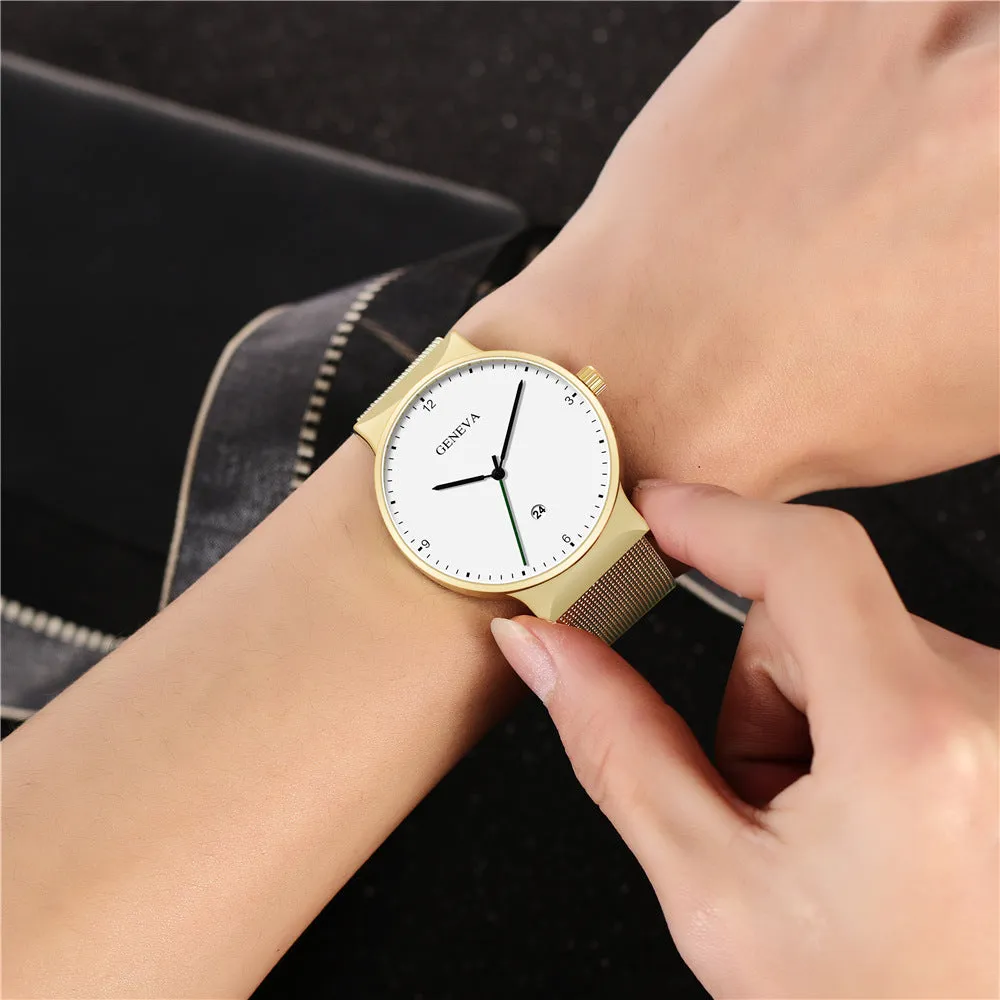 Men's Large Watch Head Fashion Simple Alloy Mesh Calendar Watch