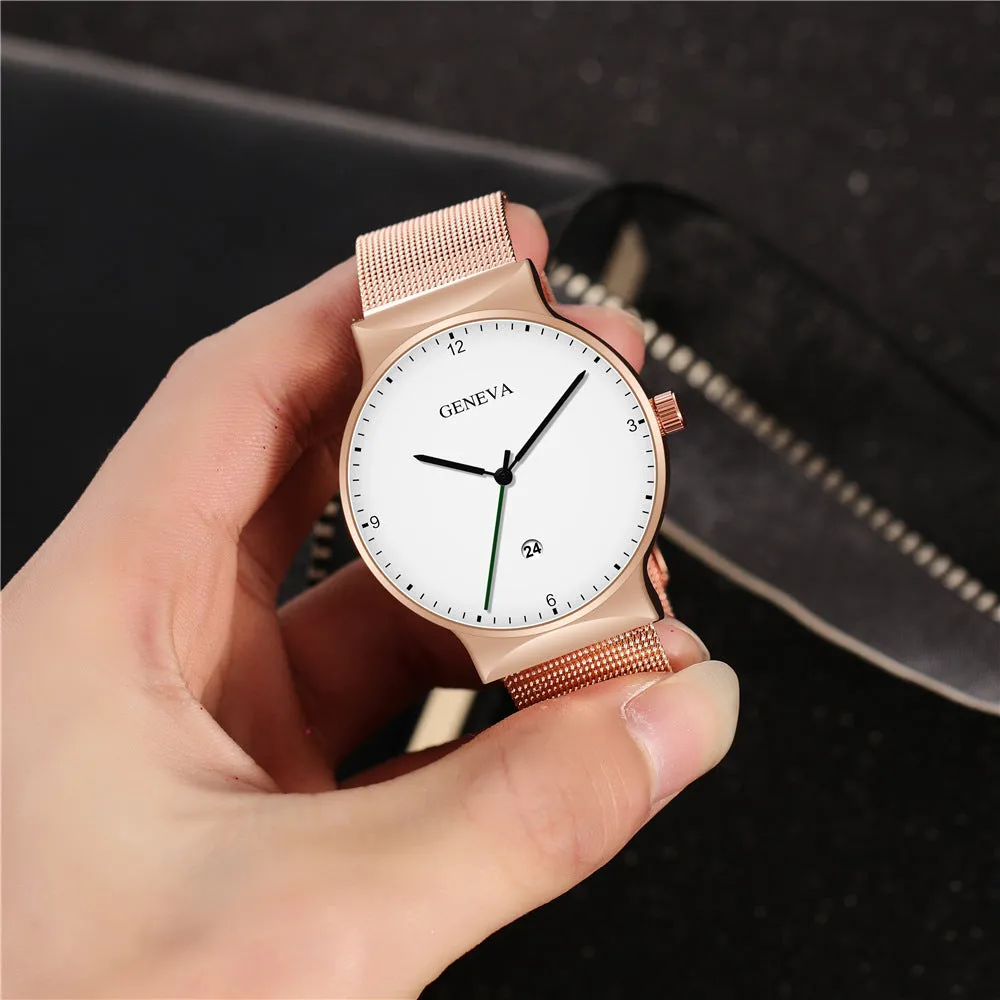 Men's Large Watch Head Fashion Simple Alloy Mesh Calendar Watch
