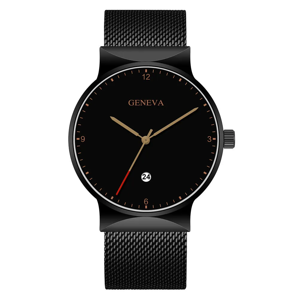 Men's Large Watch Head Fashion Simple Alloy Mesh Calendar Watch