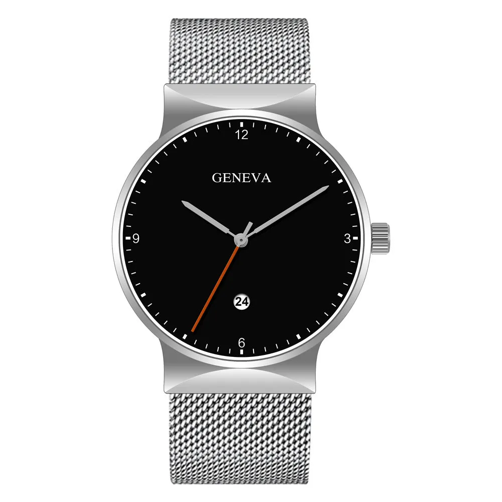 Men's Large Watch Head Fashion Simple Alloy Mesh Calendar Watch