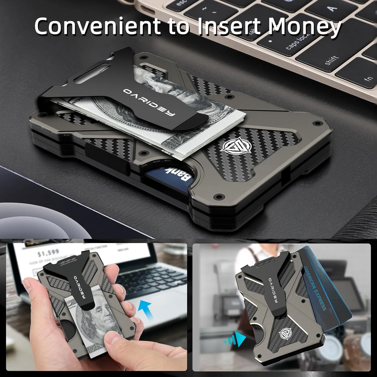 Minimalist Wallet for Men- Slim Aluminum Metal Money Clip Wallet with Clear ID Card Holder, Carbon Fiber Wallet, RFID Blocking, Holds up 15 Cards with Cash Clip, Ultra-Thin Tactical Wallet- Gunsmoke