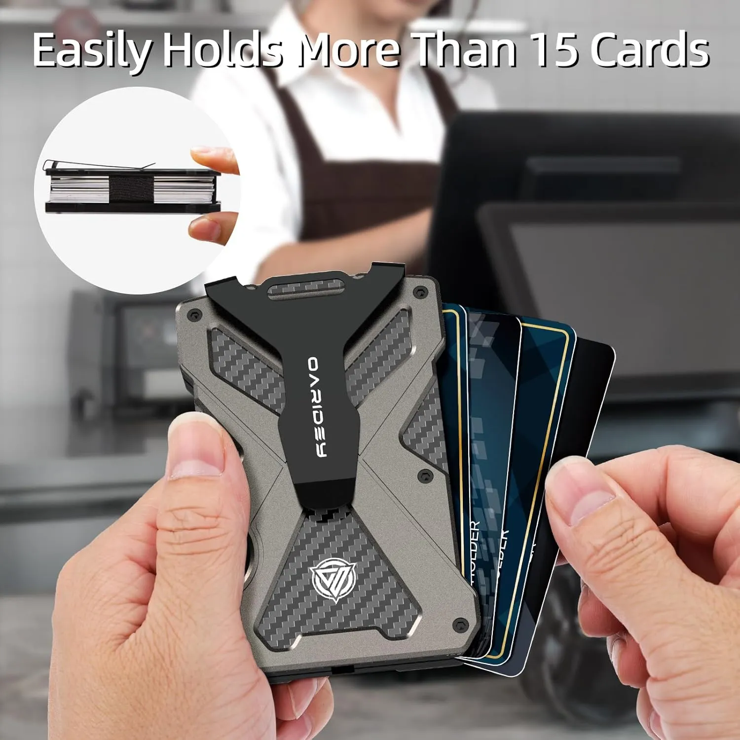 Minimalist Wallet for Men- Slim Aluminum Metal Money Clip Wallet with Clear ID Card Holder, Carbon Fiber Wallet, RFID Blocking, Holds up 15 Cards with Cash Clip, Ultra-Thin Tactical Wallet- Gunsmoke