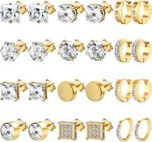 NEWITIN 12 Pairs Stainless Steel Stud Earrings for Men Hypoallergenic Earring Unisex Studs Inlaid Cubic Zirconia Men Earrings Hoop CZ Stud Earring Set for Women