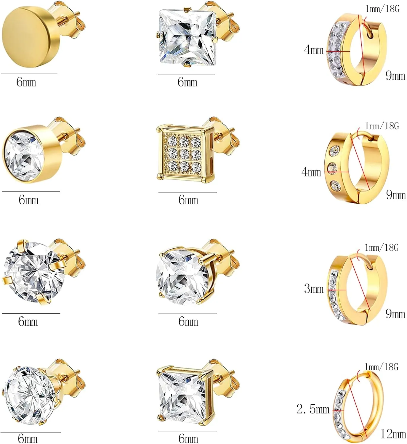 NEWITIN 12 Pairs Stainless Steel Stud Earrings for Men Hypoallergenic Earring Unisex Studs Inlaid Cubic Zirconia Men Earrings Hoop CZ Stud Earring Set for Women