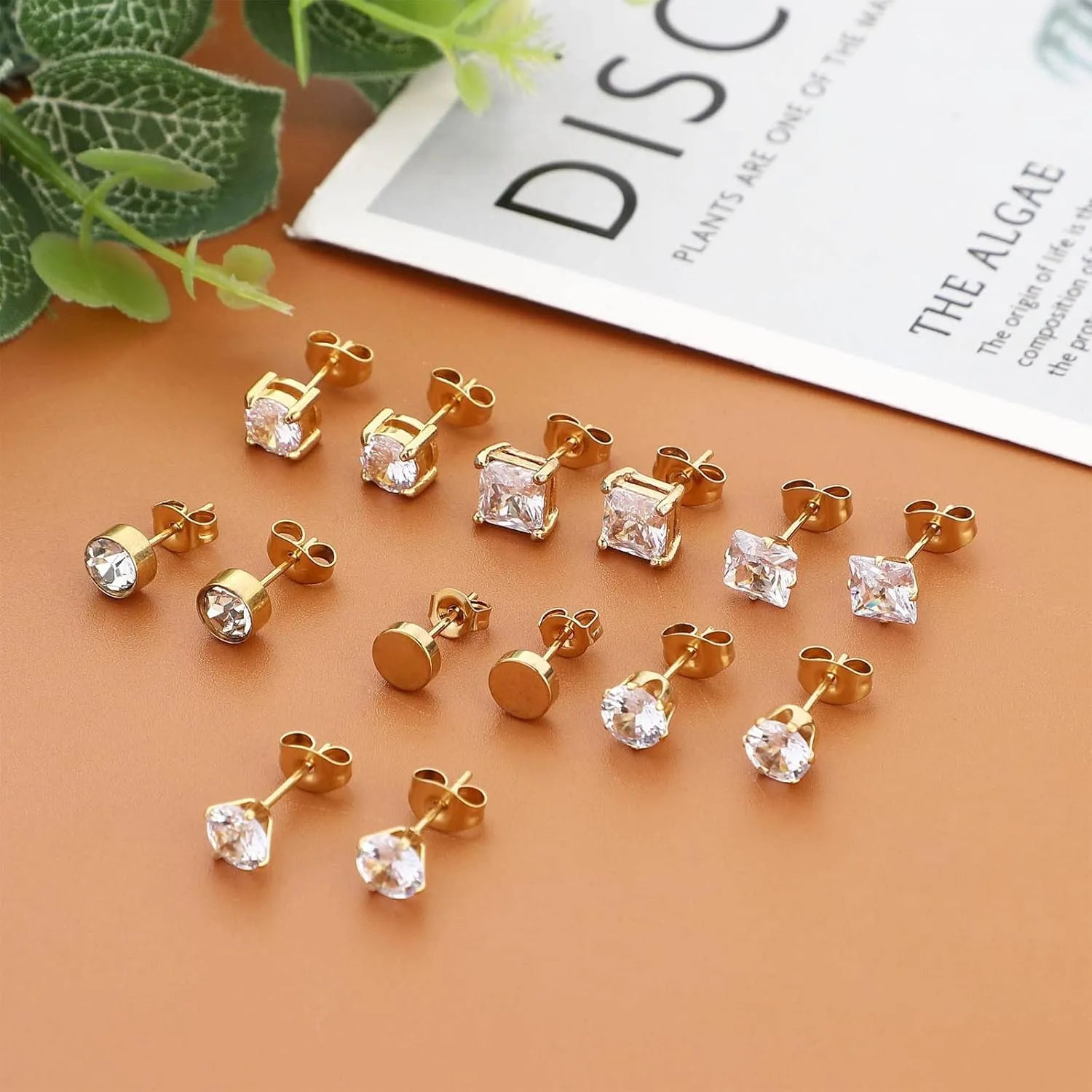 NEWITIN 12 Pairs Stainless Steel Stud Earrings for Men Hypoallergenic Earring Unisex Studs Inlaid Cubic Zirconia Men Earrings Hoop CZ Stud Earring Set for Women