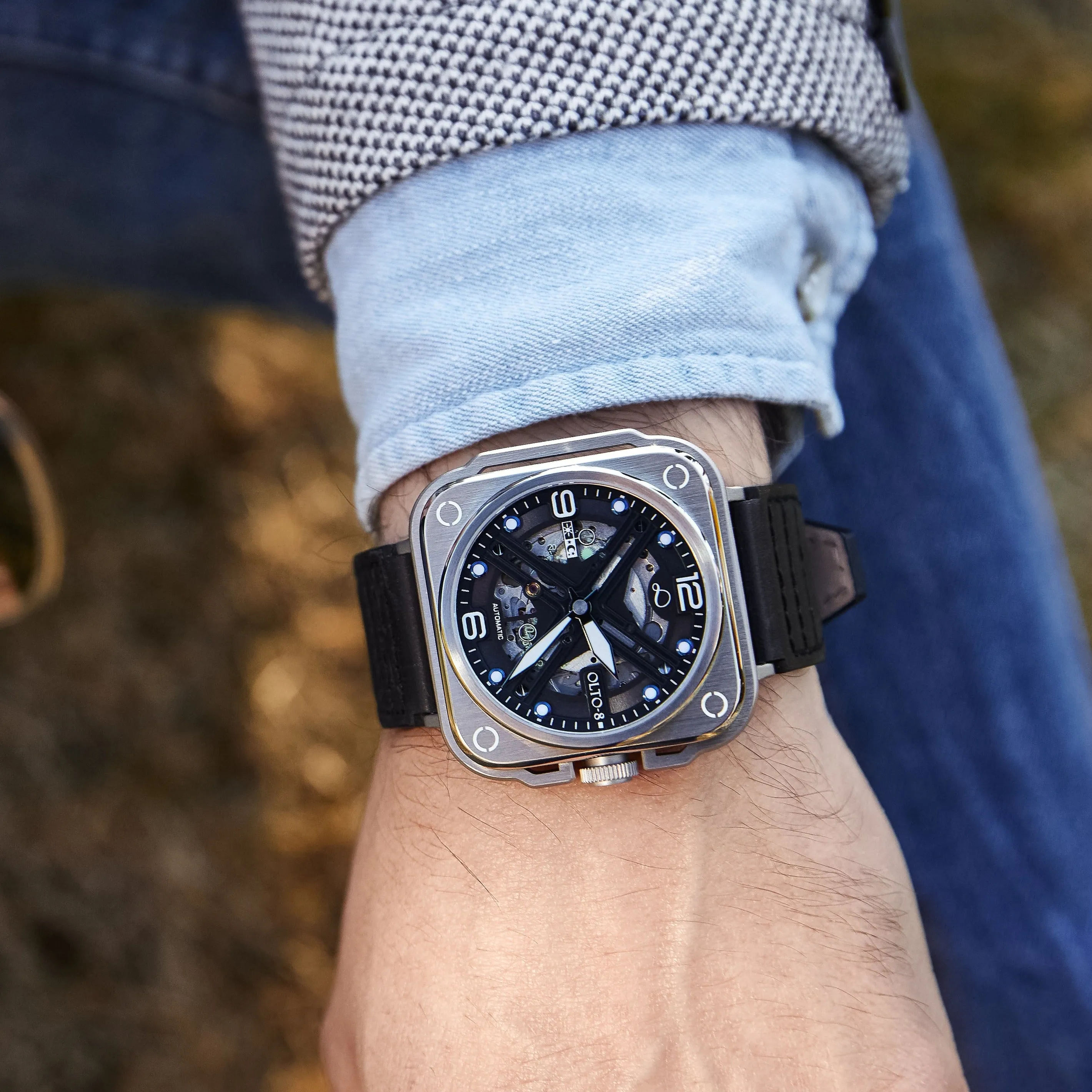 OLTO-8 IRON-X Square Skeleton Automatic Watch Silver