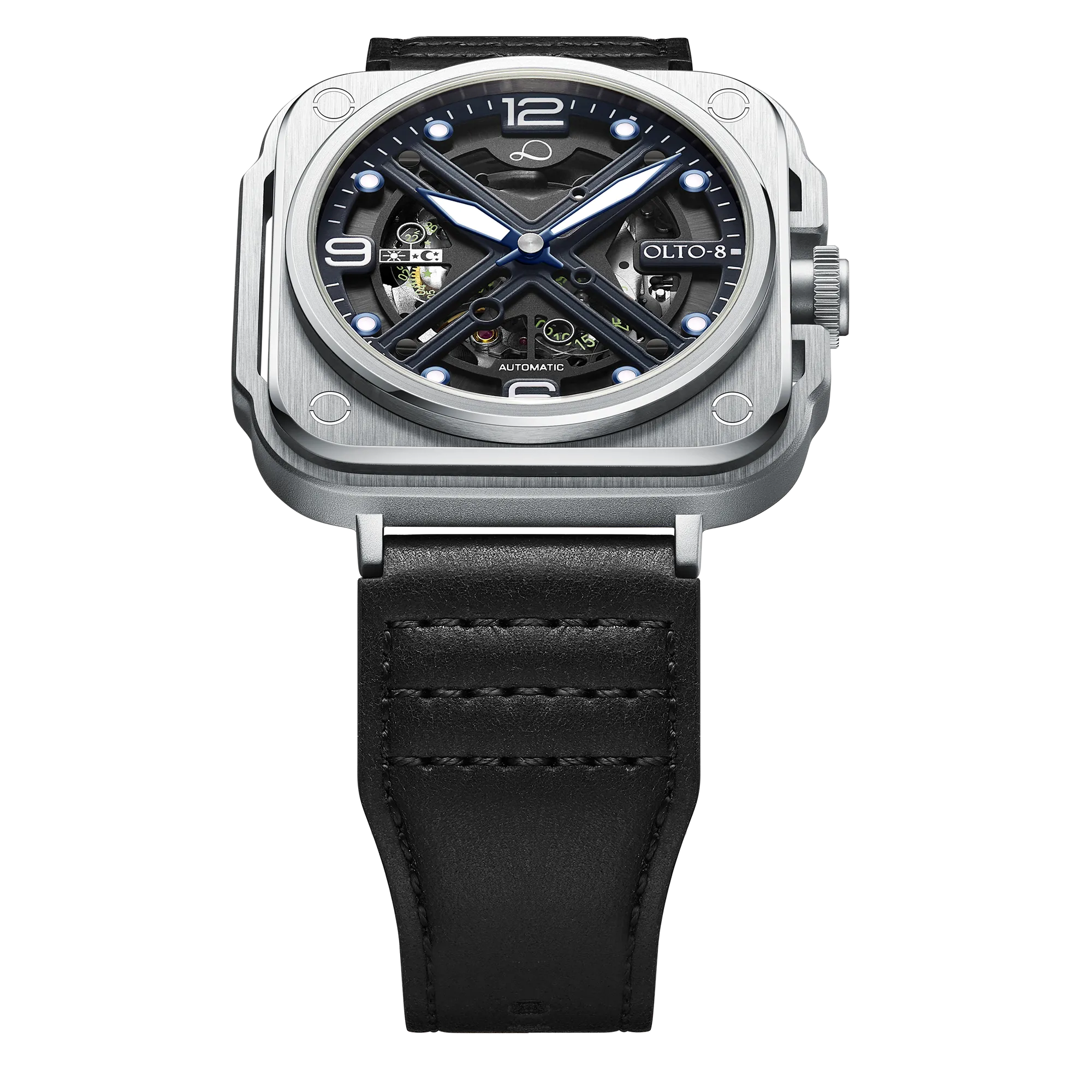 OLTO-8 IRON-X Square Skeleton Automatic Watch Silver