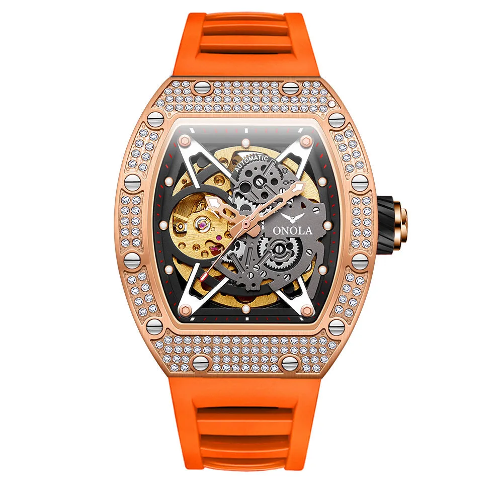 ONOLA Skeleton Mechanical Watch Barrel Shaped 43mm Inlaid w/ Brilliant Diamond