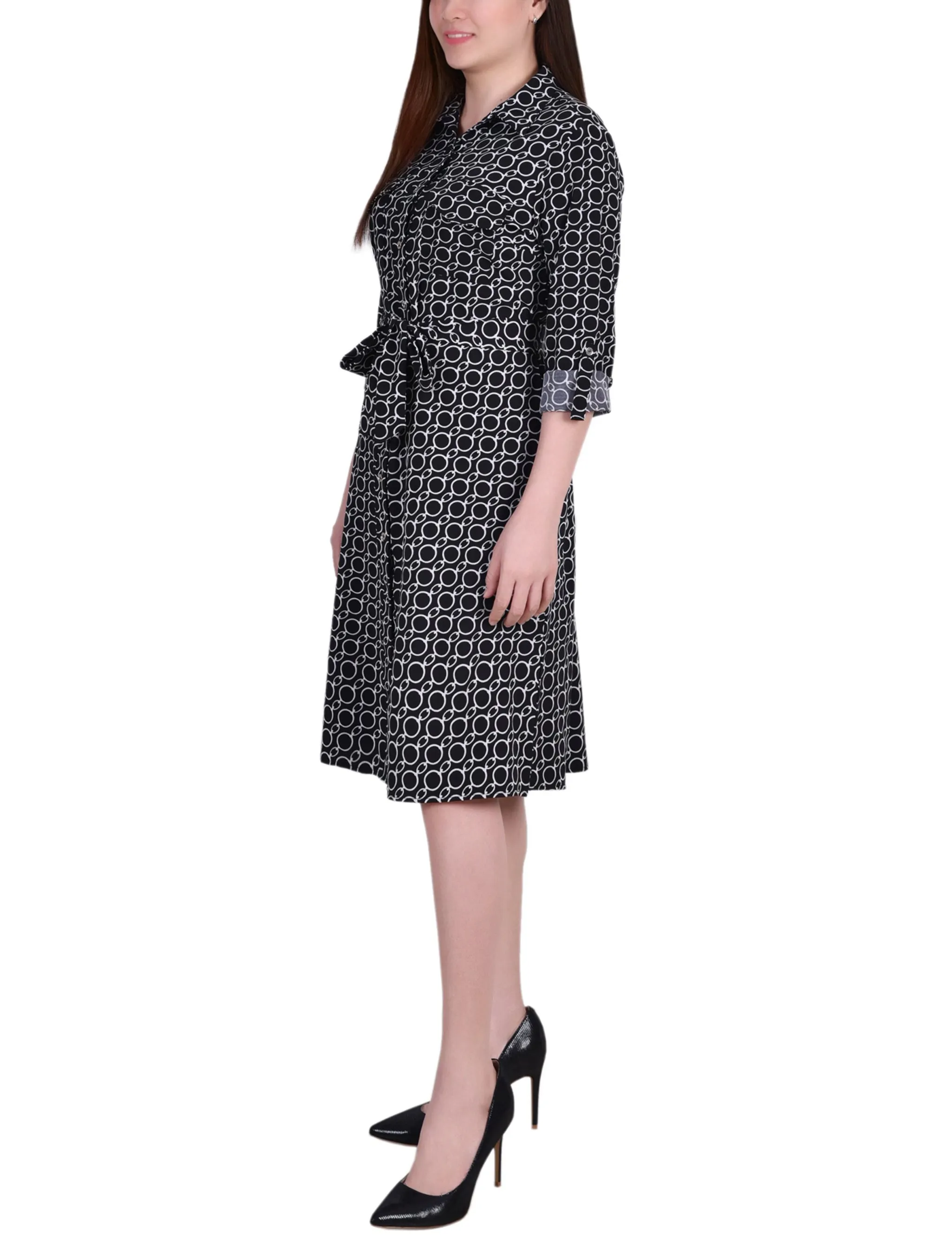 Petite 3/4 Roll Tab Sleeve Belted Shirtdress