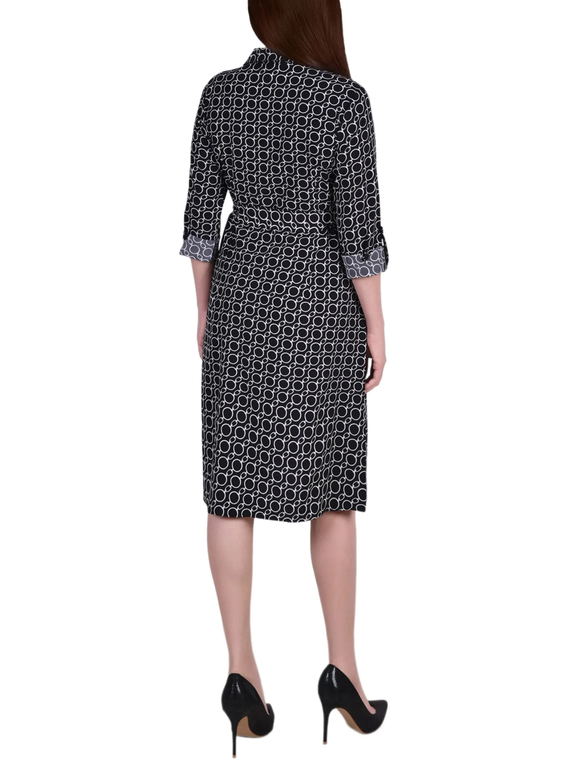 Petite 3/4 Roll Tab Sleeve Belted Shirtdress