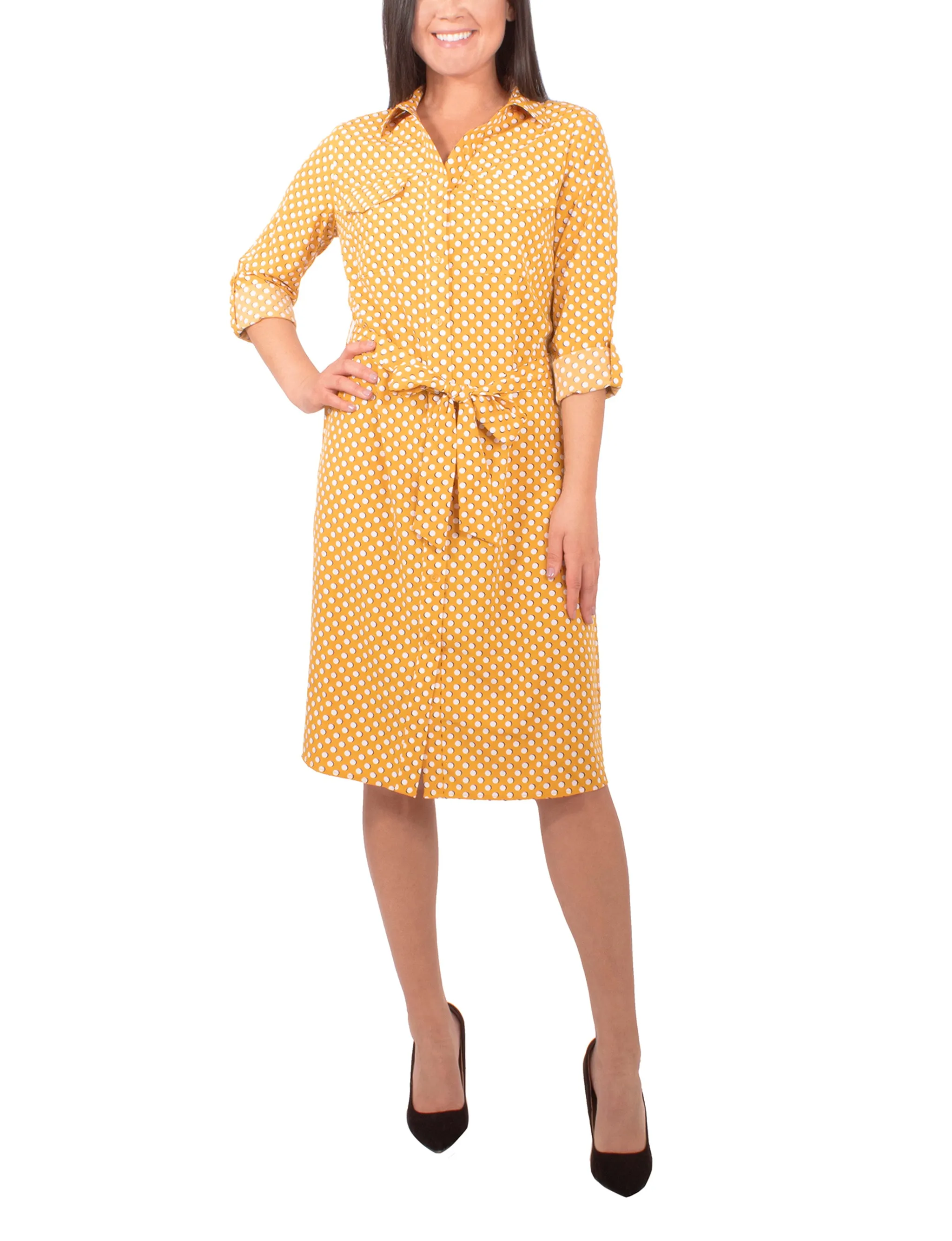 Petite 3/4 Roll Tab Sleeve Belted Shirtdress