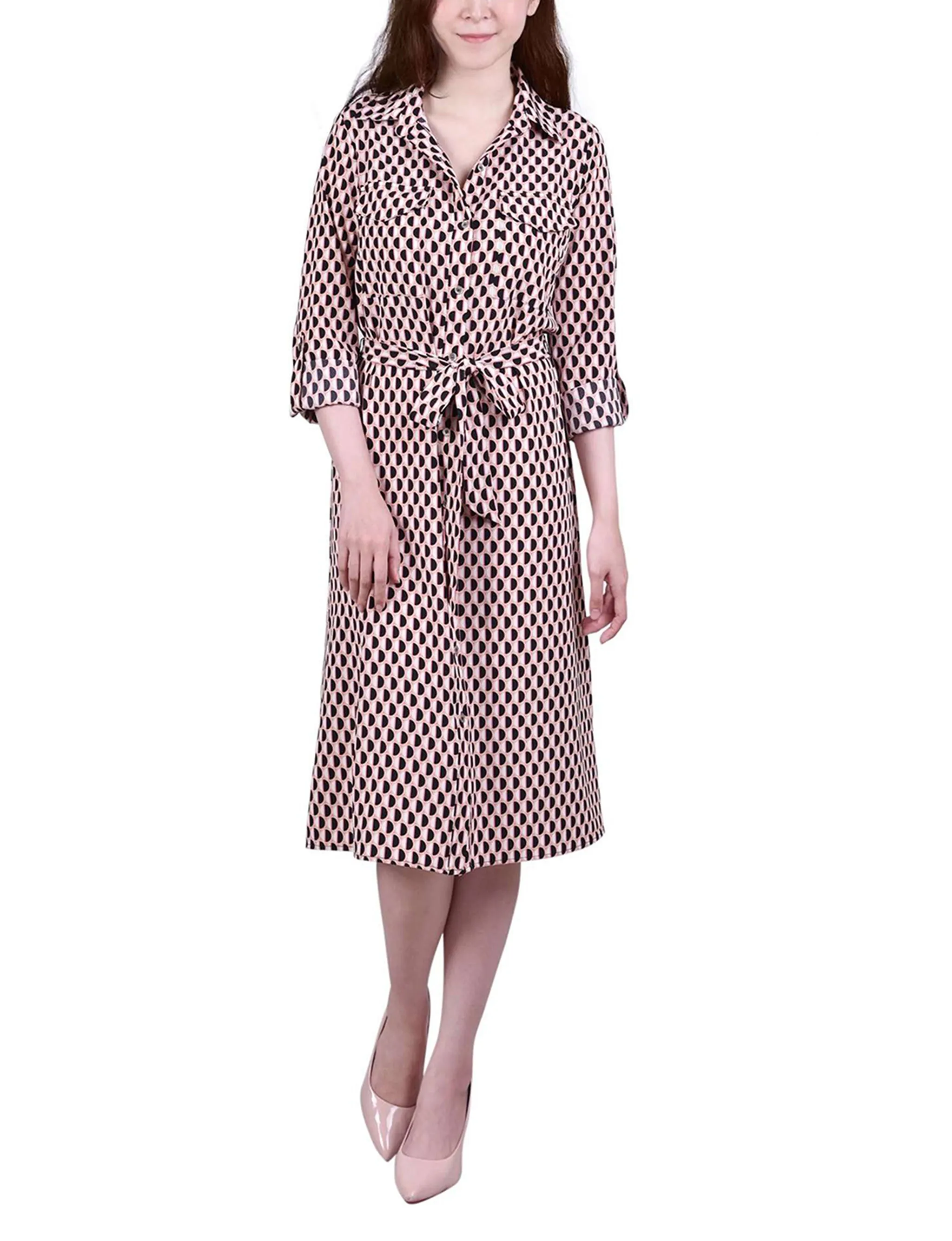 Petite 3/4 Roll Tab Sleeve Belted Shirtdress