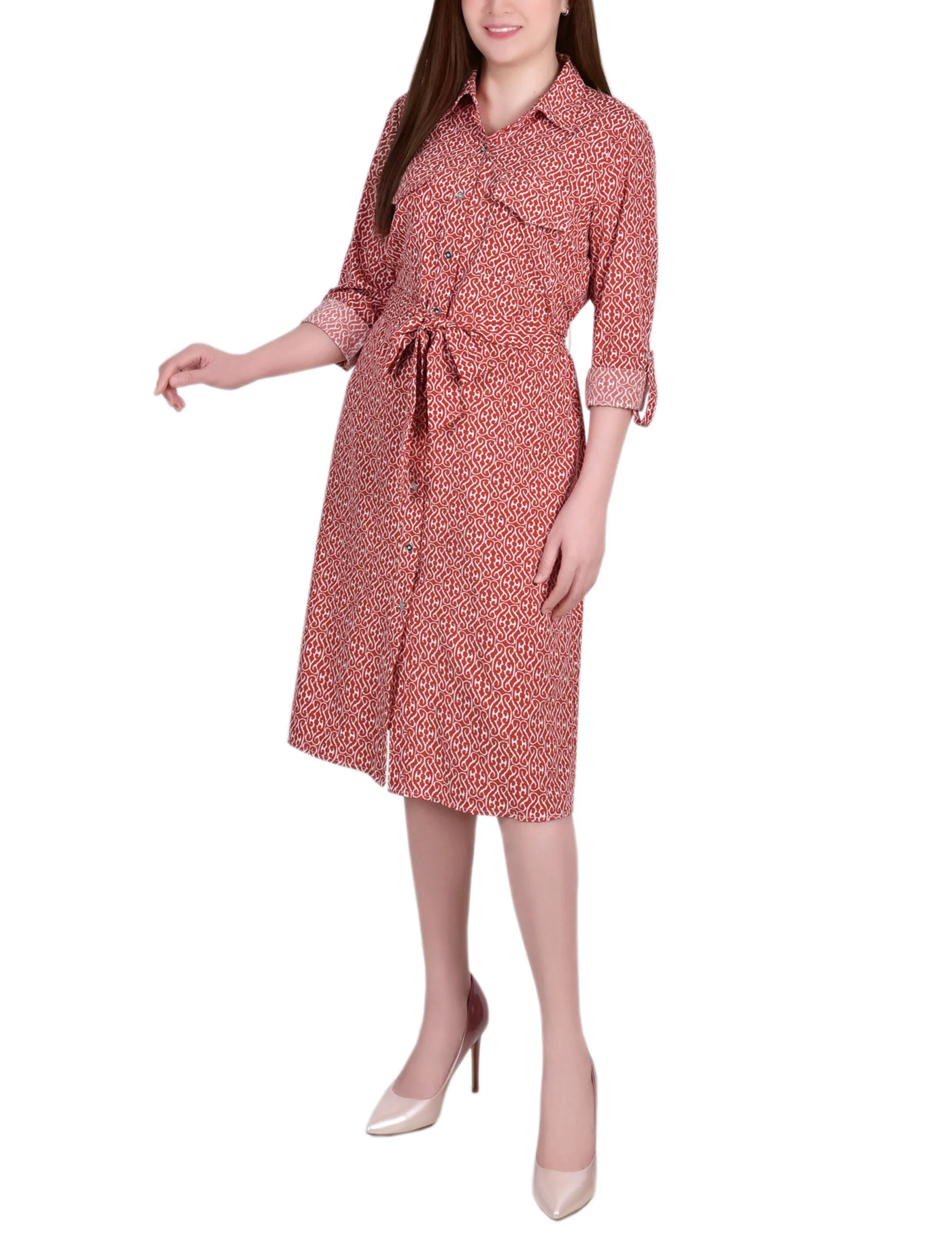 Petite 3/4 Roll Tab Sleeve Belted Shirtdress