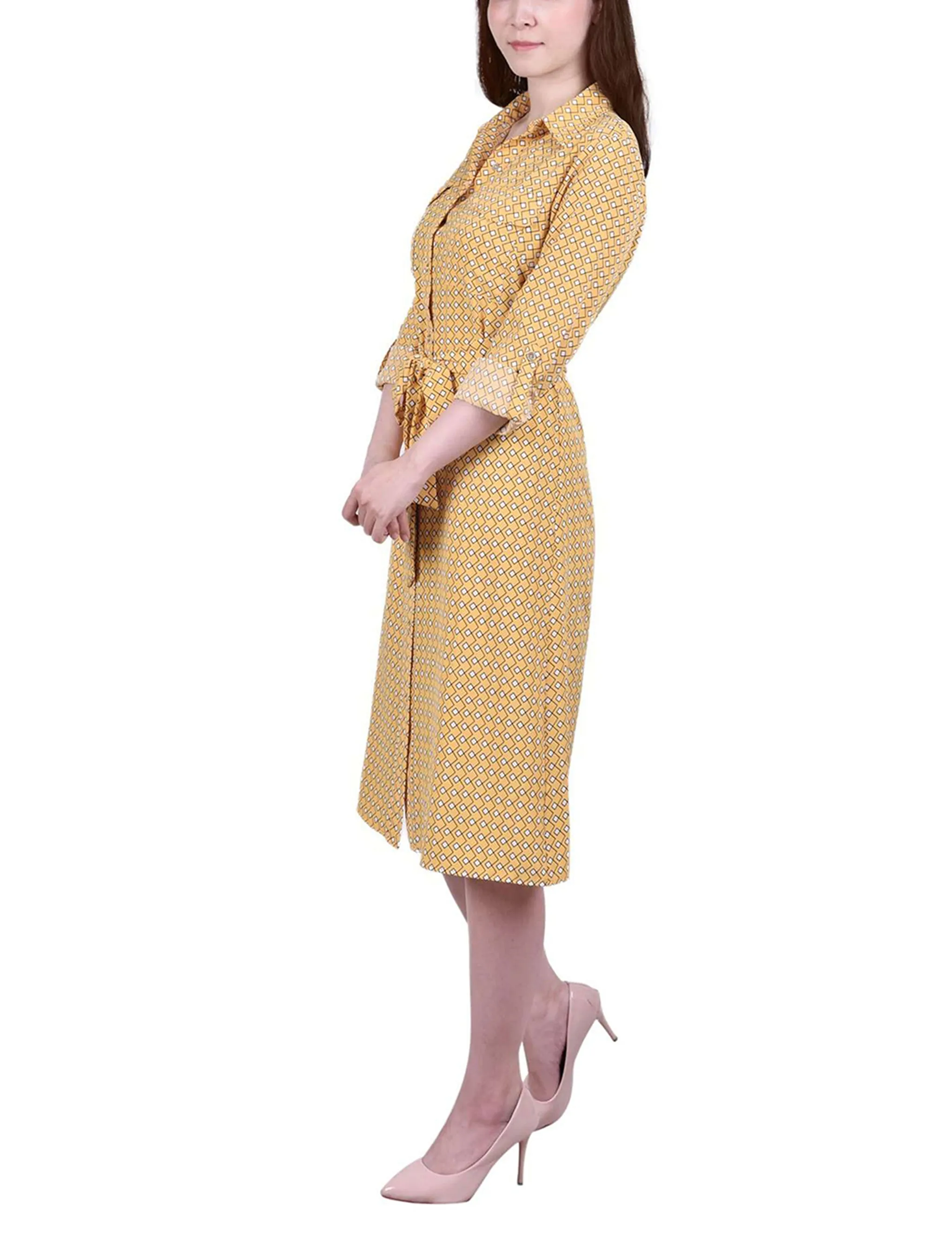 Petite 3/4 Roll Tab Sleeve Belted Shirtdress