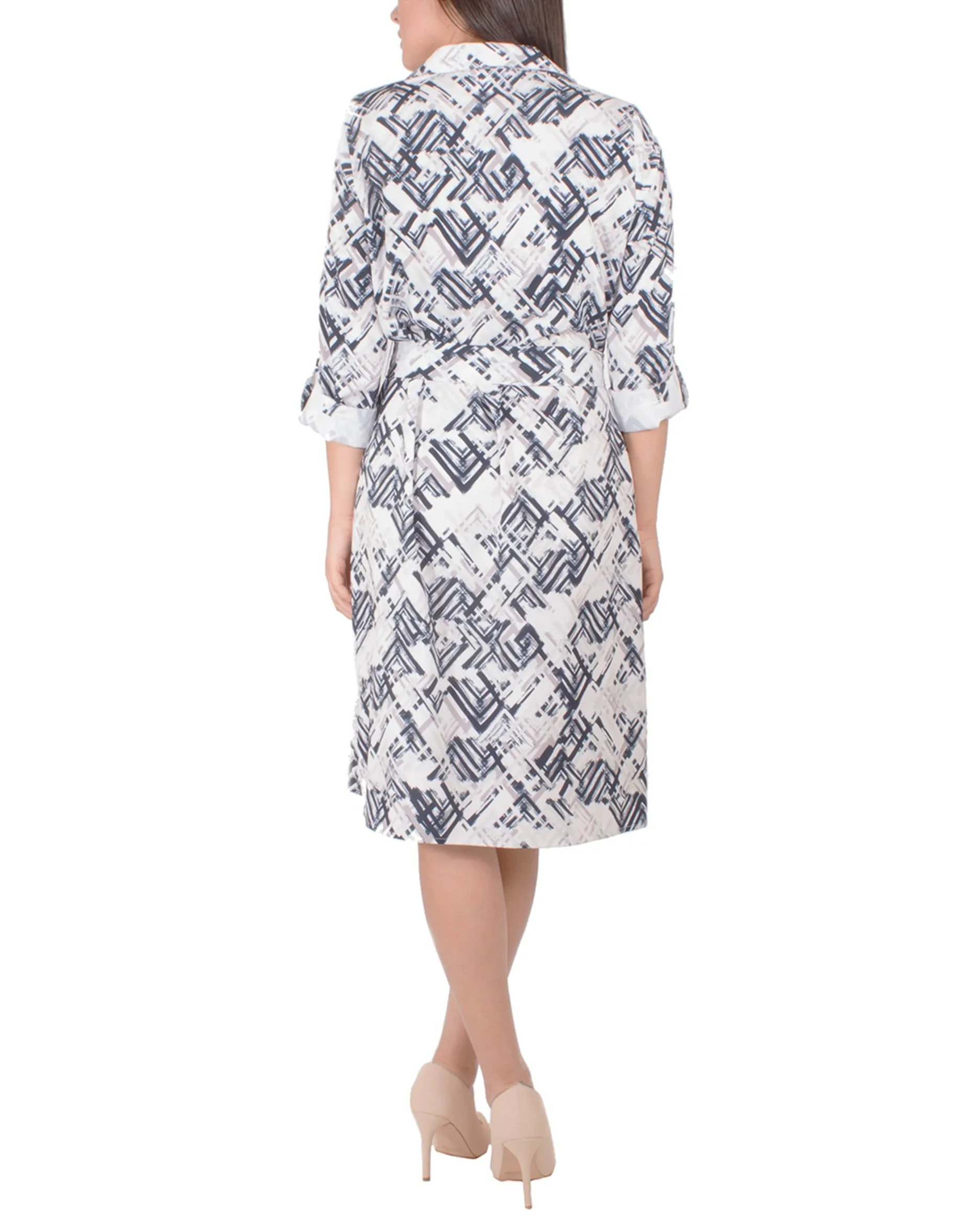 Petite 3/4 Roll Tab Sleeve Belted Shirtdress