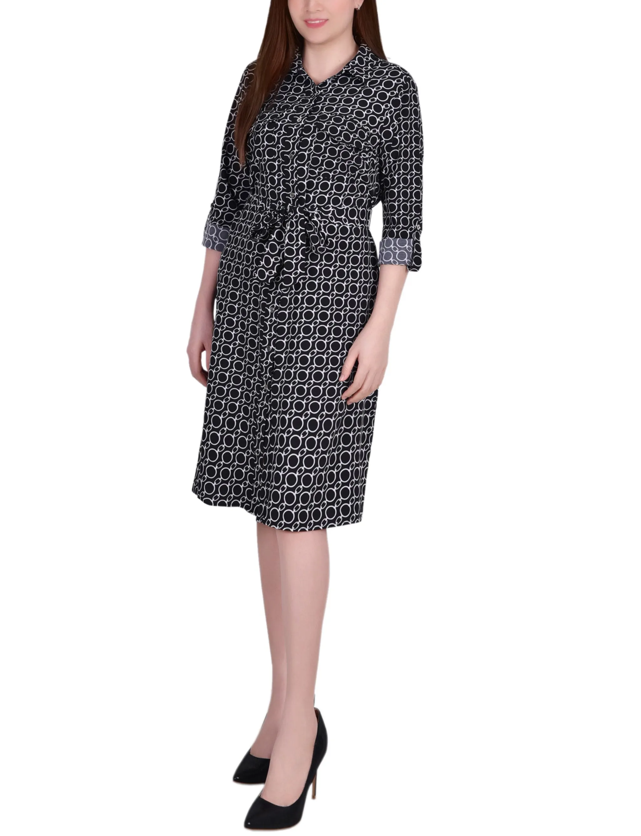 Petite 3/4 Roll Tab Sleeve Belted Shirtdress