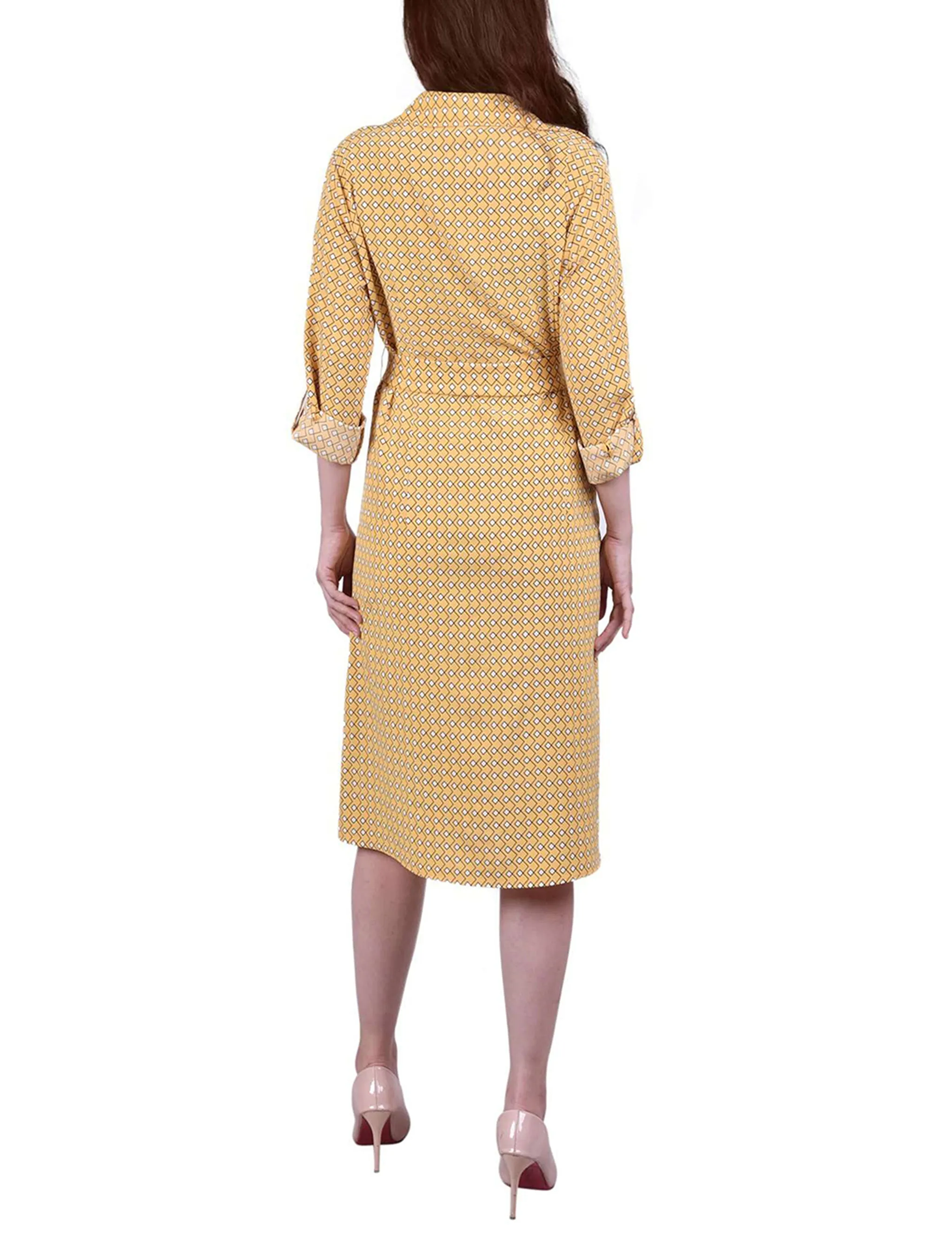 Petite 3/4 Roll Tab Sleeve Belted Shirtdress