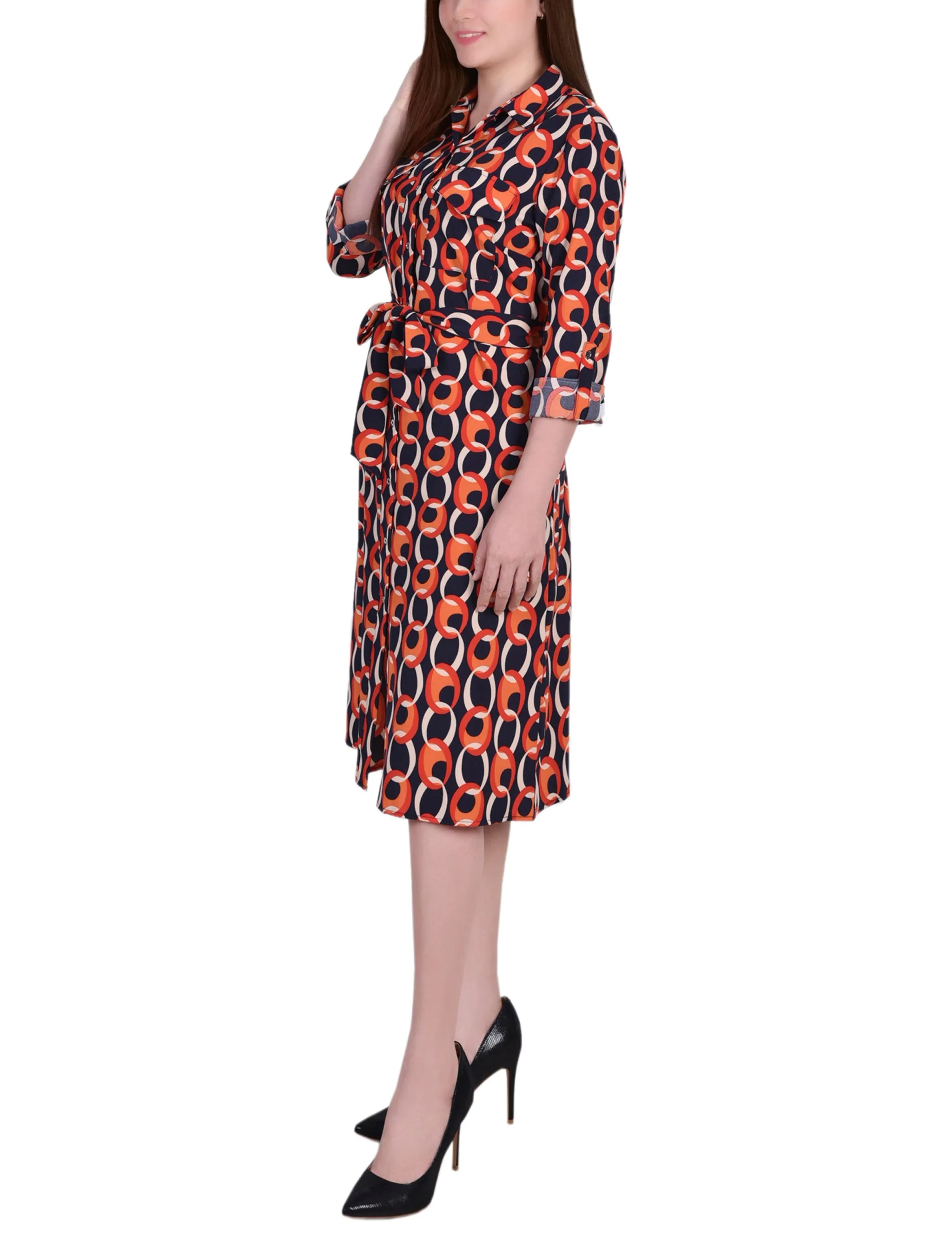 Petite 3/4 Roll Tab Sleeve Belted Shirtdress
