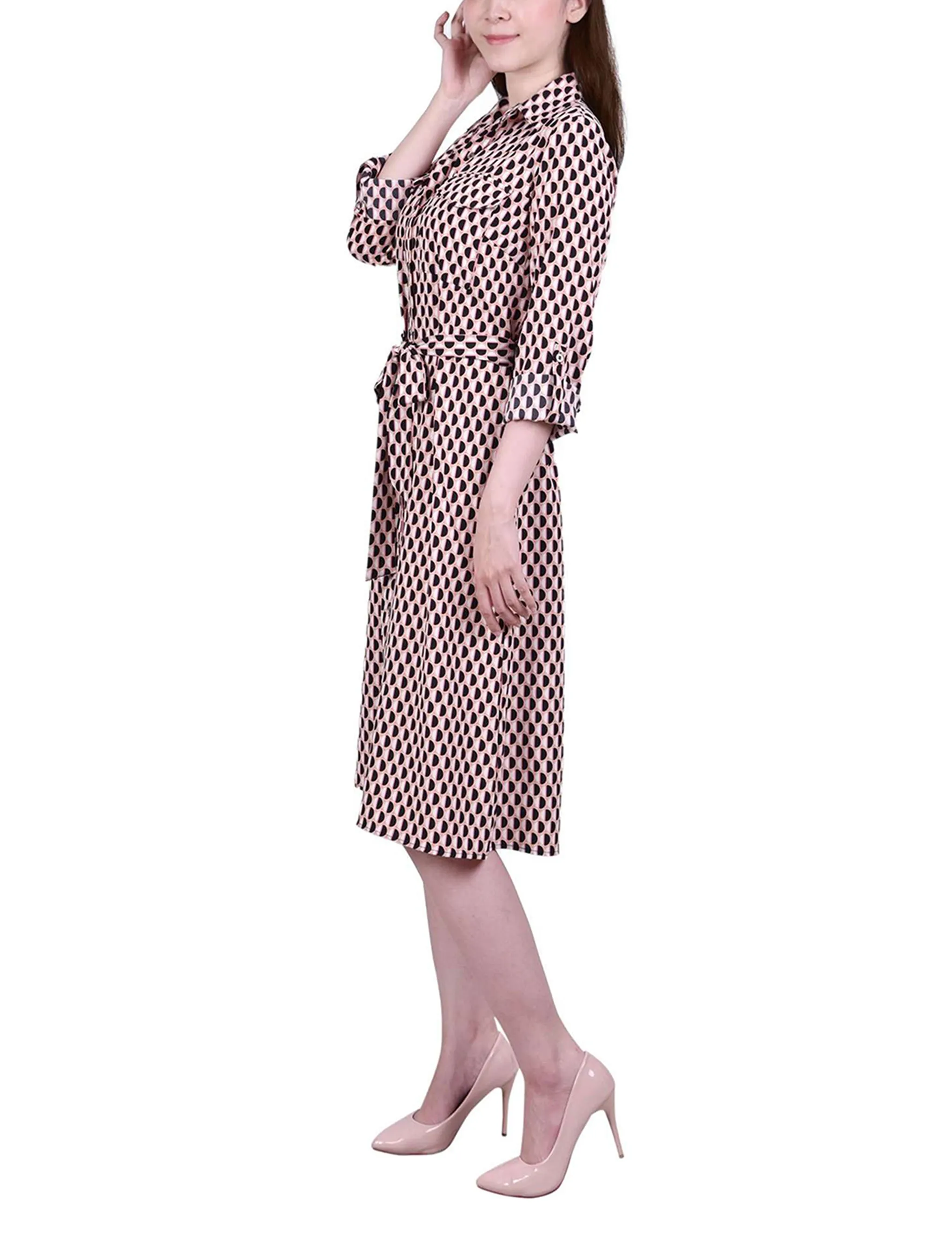 Petite 3/4 Roll Tab Sleeve Belted Shirtdress