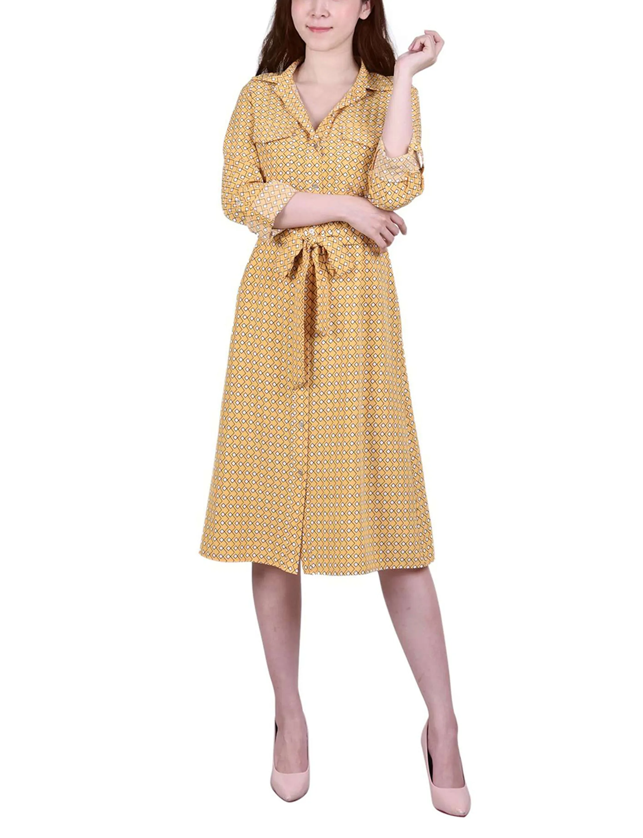 Petite 3/4 Roll Tab Sleeve Belted Shirtdress