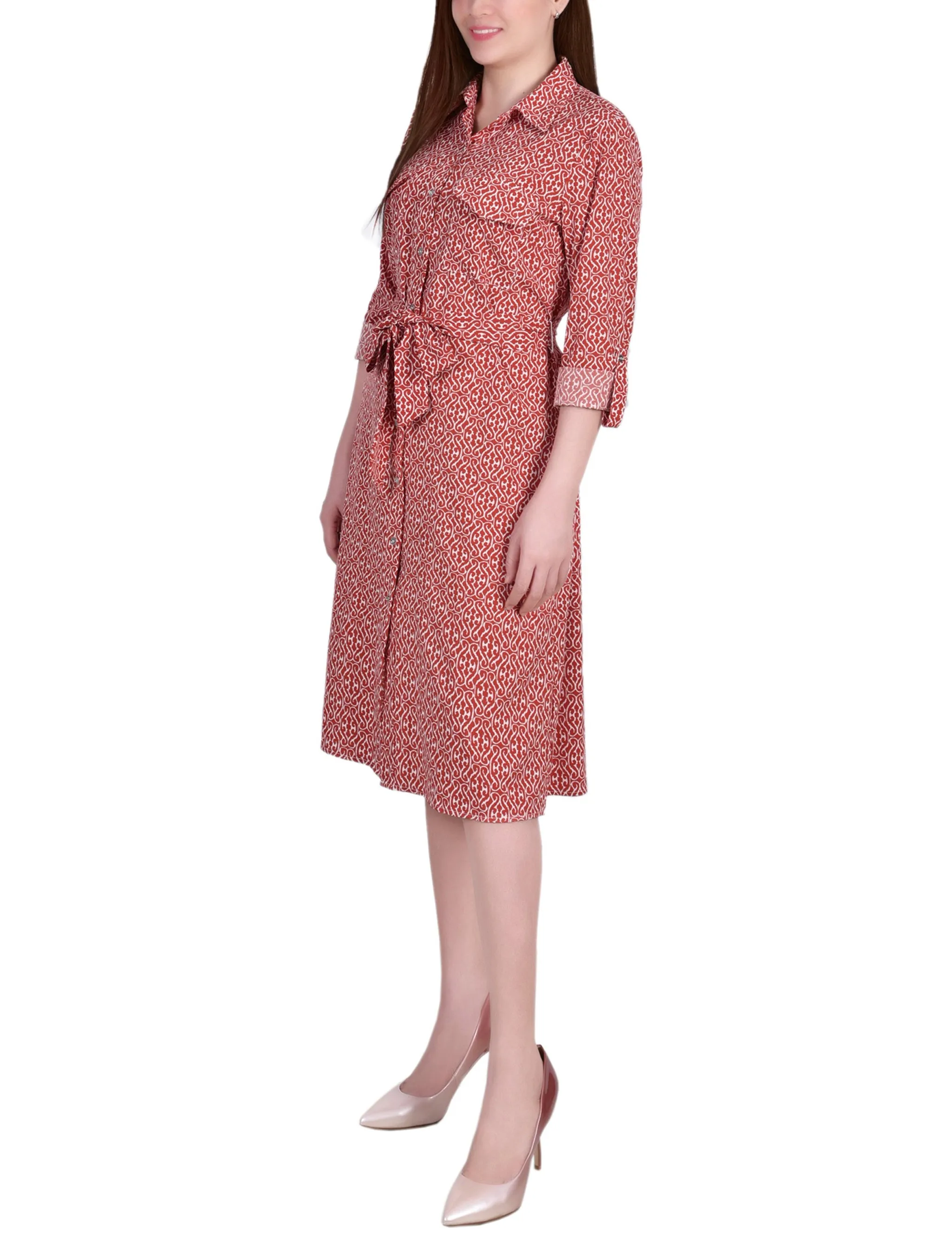 Petite 3/4 Roll Tab Sleeve Belted Shirtdress