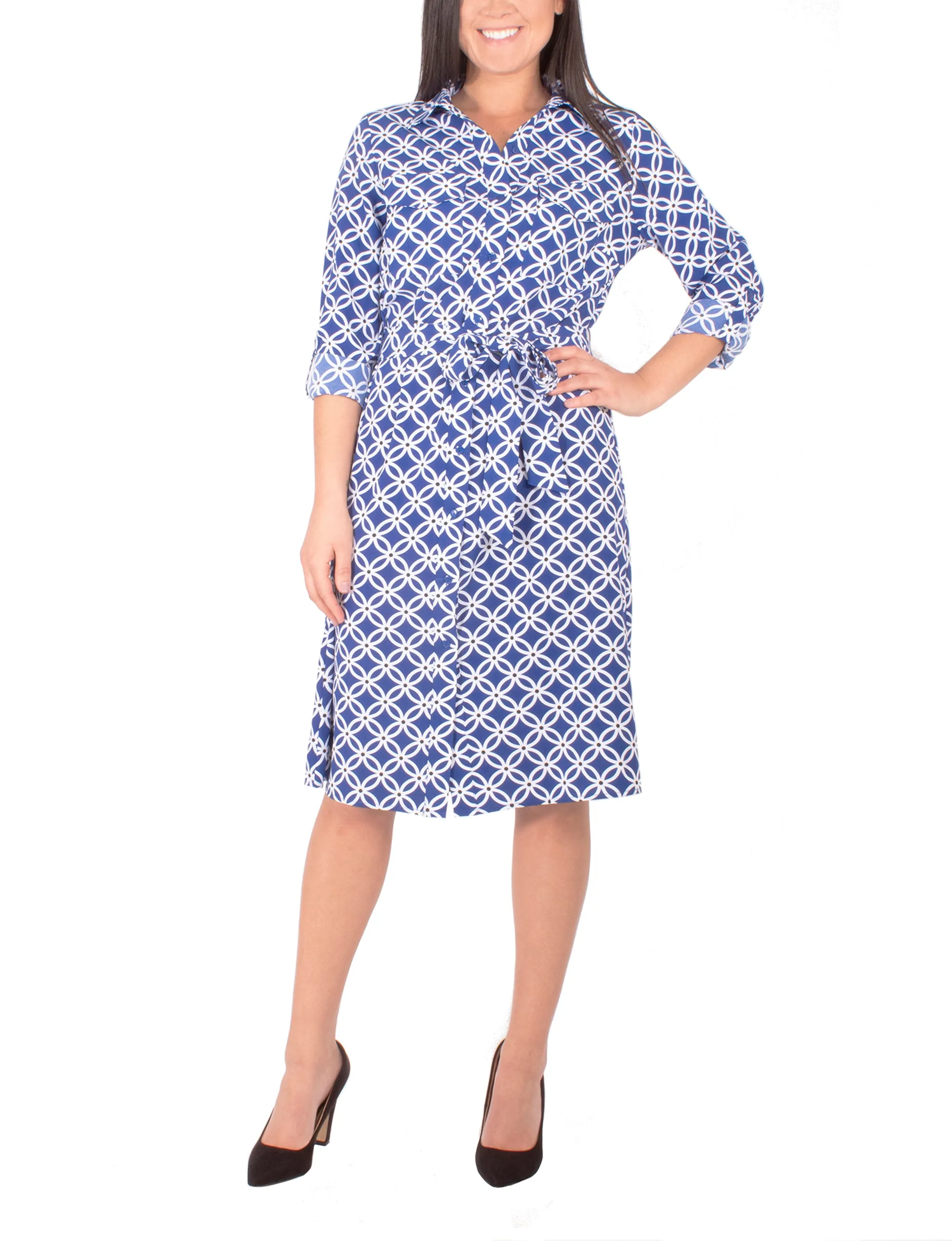 Petite 3/4 Roll Tab Sleeve Belted Shirtdress