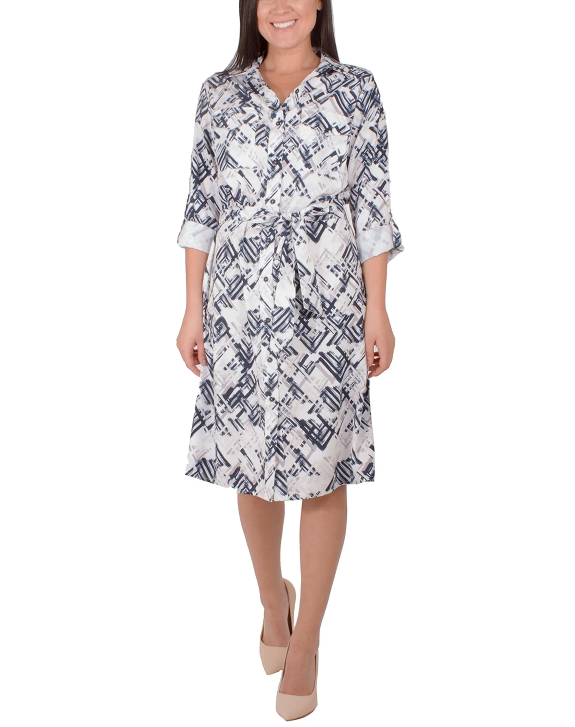 Petite 3/4 Roll Tab Sleeve Belted Shirtdress