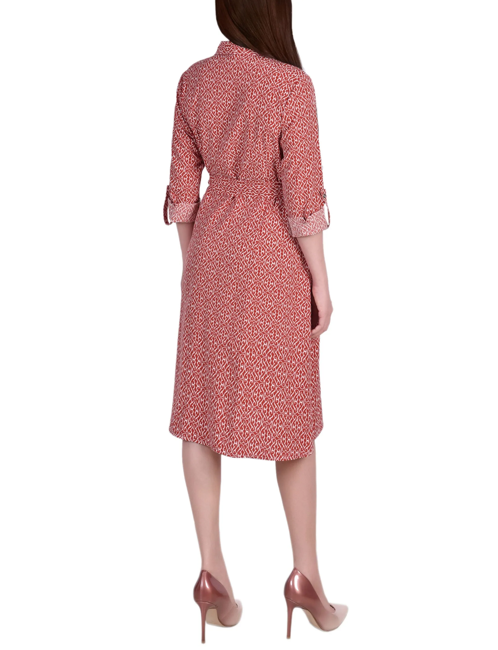 Petite 3/4 Roll Tab Sleeve Belted Shirtdress