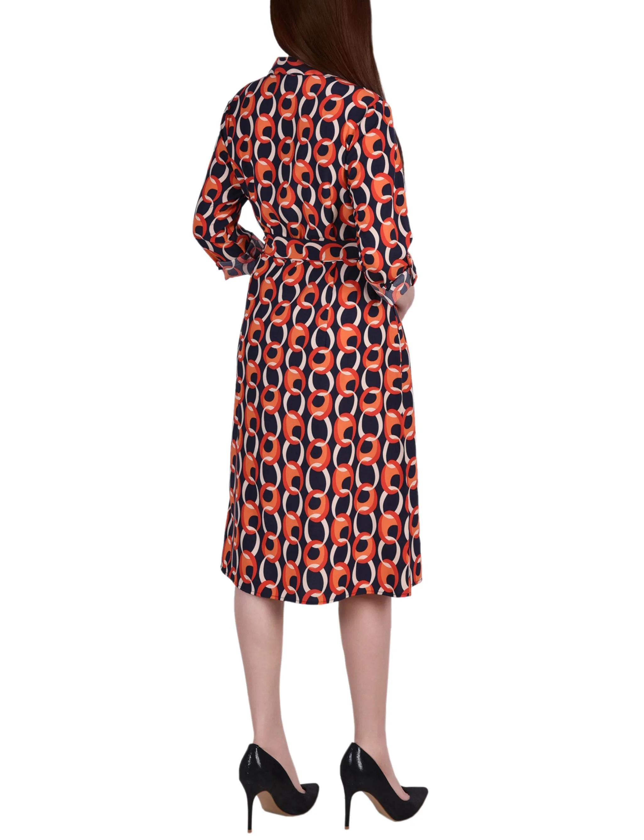 Petite 3/4 Roll Tab Sleeve Belted Shirtdress