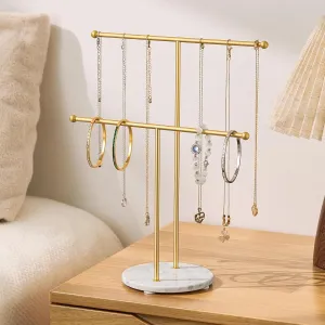 pickpiff Necklace Holder Stand: 2 Tier Jewelry Organizer with Marble Base, Gold Jewelry Tree Display for Bracelets, Rings, Earrings
