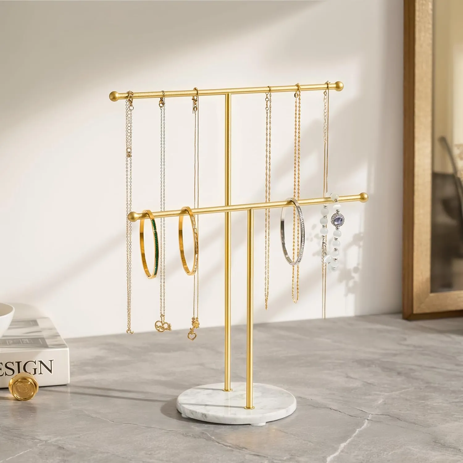 pickpiff Necklace Holder Stand: 2 Tier Jewelry Organizer with Marble Base, Gold Jewelry Tree Display for Bracelets, Rings, Earrings