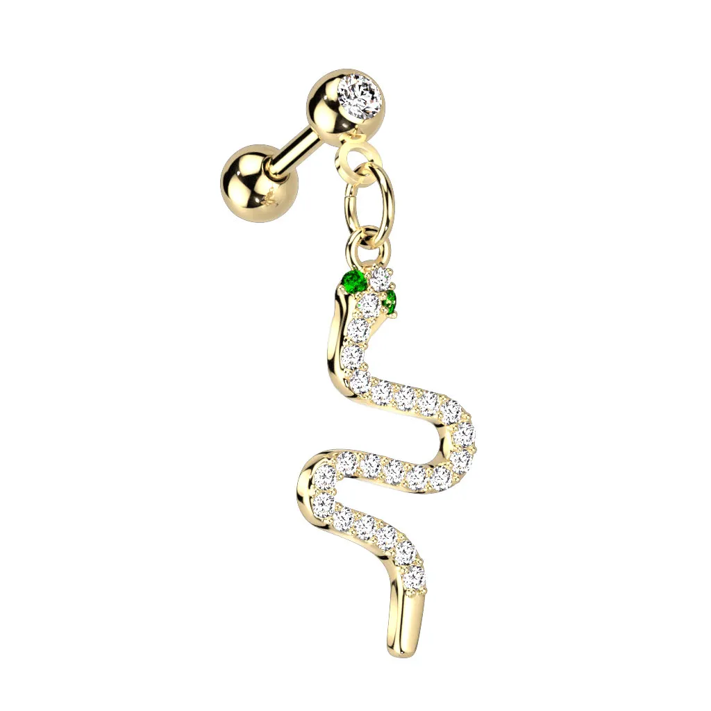 Serpent Charm Earring. Tragus or Cartilage Jewellery with Gold Plating.