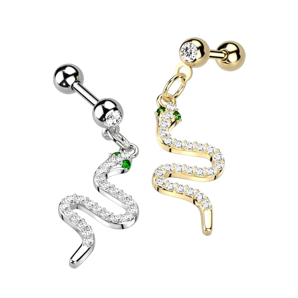Serpent Charm Earring. Tragus or Cartilage Jewellery with Gold Plating.