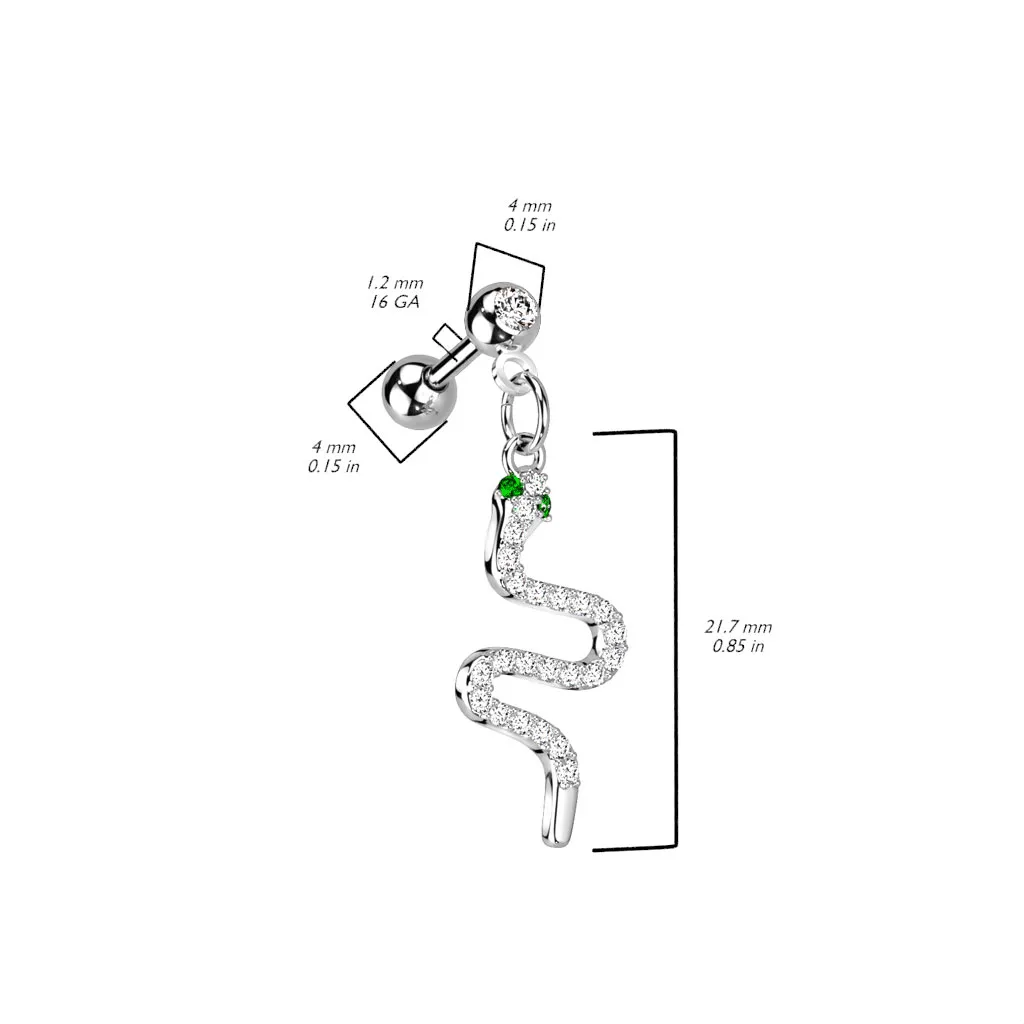 Serpent Charm Earring. Tragus or Cartilage Jewellery with Gold Plating.