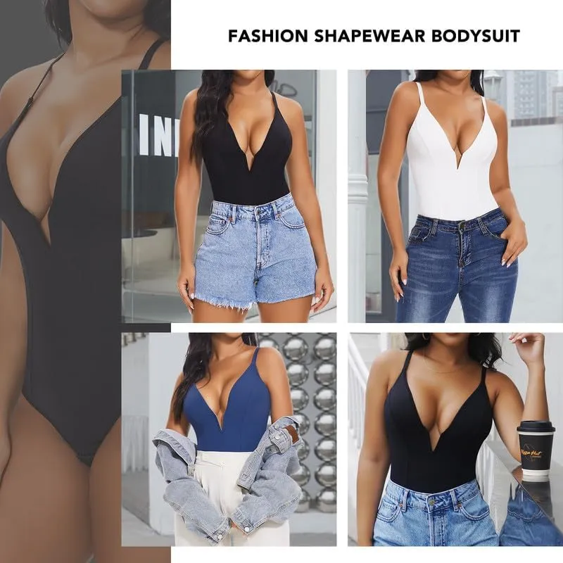 SHAPERIN Women's Deep V Neck Bodysuit Double Lined Plunge Tummy Control Shapewear Thong Body Suits Backless Cami Tank