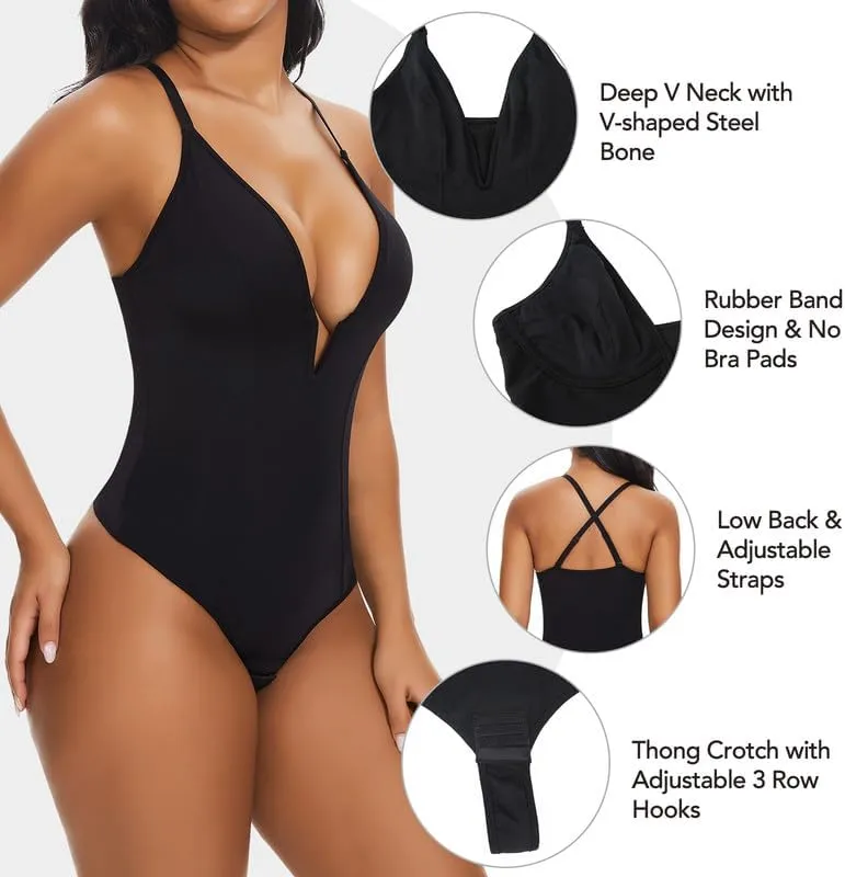 SHAPERIN Women's Deep V Neck Bodysuit Double Lined Plunge Tummy Control Shapewear Thong Body Suits Backless Cami Tank