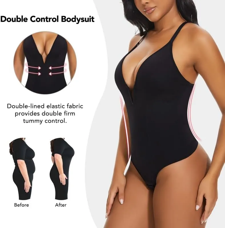 SHAPERIN Women's Deep V Neck Bodysuit Double Lined Plunge Tummy Control Shapewear Thong Body Suits Backless Cami Tank